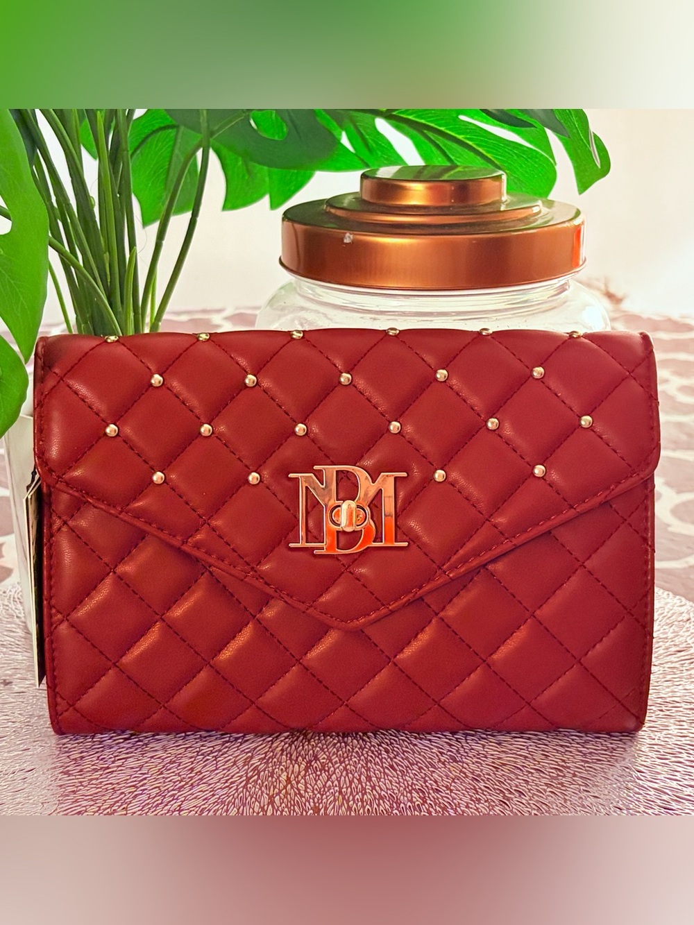 Badgley Mischka Wine Quilted Studded Logo Folding Wallet Crossbody NWT